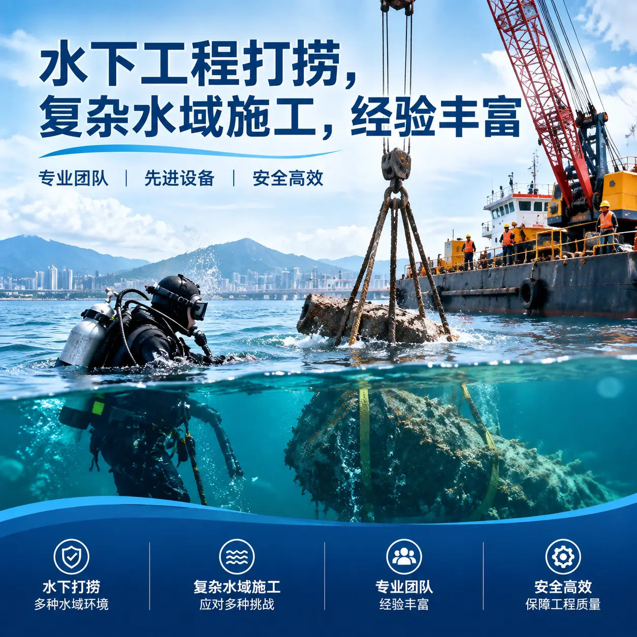 水下工程打捞，复杂水域施工，经验丰富盐亭